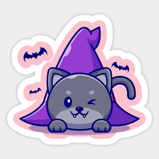 Cute Witch Cat Laying Under Witch Hat Cartoon Sticker